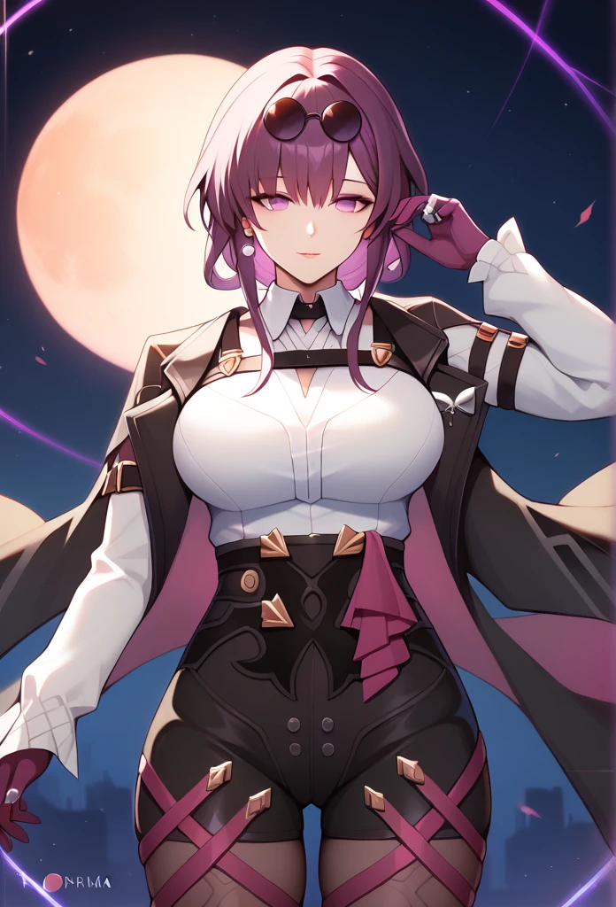 One Girl,Kafka, Purple eyes, Purple Hair, bangs, Side Lock, Please put the glasses on your head, earring, White shirt, Collared shirt, Long sleeve, Black jacket, Jacket on shoulders, Harness, Large Breasts, Purple Gloves, Black shorts, High Waist Shorts, Purple thigh straps, pantyhose, Single thigh high boots,There are no students, Black choker, ring, Expose your shoulders, pearl earring, Armband,masterpiece, Anatomically correct, 8k,(background,moon,detailed),Cowboy Shot, 