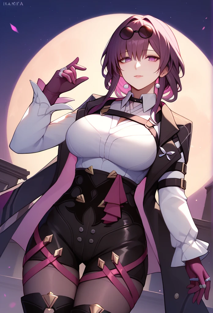 One Girl,Kafka, Purple eyes, Purple Hair, bangs, Side Lock, Please put the glasses on your head, earring, White shirt, Collared shirt, Long sleeve, Black jacket, Jacket on shoulders, Harness, Large Breasts, Purple Gloves, Black shorts, High Waist Shorts, Purple thigh straps, pantyhose, Single thigh high boots,There are no students, Black choker, ring, Expose your shoulders, pearl earring, Armband,masterpiece, Anatomically correct, 8k,(background,moon,detailed),Cowboy Shot, 