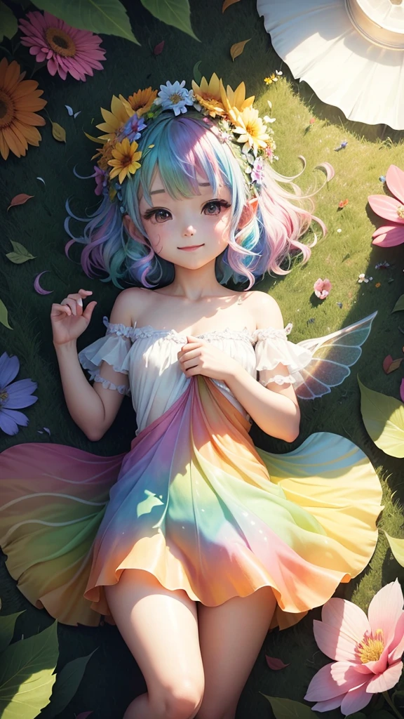 cute little fairy rainbow hair rainbow transparent wings flowers leaves clothes made of leaves flowers flower crown big flower
