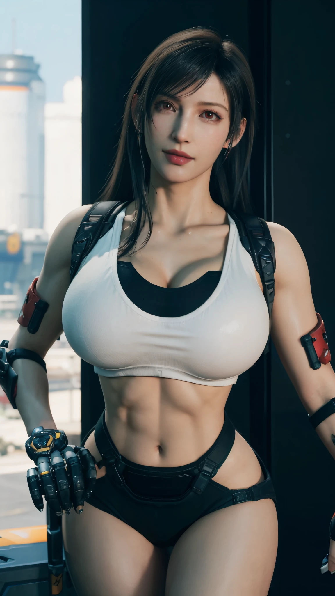 MASTERPIECE, BEST QUALITY, 1GIRL, CLOSE UP UPPER BODY, COWBOY SHOT PORTRAIT, ((TIFA LOCKHART LONG HAIR:1.5)), (CLEAVAGE), (BREAST IMPLANTS/ROUND BREASTS: 1.5), (HUGE K CUP BREASTS: 1.6), (11 LINE ABS ABS: 1.5), (WIDE HIPS: 1.5)), ((WEARING OUTFIT MECHA)), (LED LINE RED:1.5), (ORANGE,BLACK SNINY), ((MECHA ARMOR OVERWATCH: 1.6)), ((CURVY MUSCULAR BUSTY BODY TYPE:1.5)), ((SWEATING ALL OVER THE BODY)), (GLOSSY BODYSKIN:1.5), (LOOKING AT VIEWER:1.6), (BACKGROUND FUTURISTIC SPACE STATION:1), (PHOTOREALSITIC:1.5), (ULTRA-DETAIL), (TOP-QUALITY), (BEST SHADOWS), BRIGHT LIGHT IN ROOM, HYPER TEXTURE, (4X MSAA), ((UNREAL ENGINE 5 RENDER)), (NEON), PHYSICALLY-BASED RENDERING, ULTRA HIGHT DEFINITION, 16K, DSLR,  1080P.