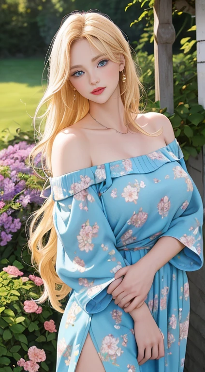 A beautiful woman with long, shimmering golden blonde hair, large blue eyes, plump lips, wearing a short, sexy, loose and revealing blue-sky floral dress with a pink waistband and a white off-the-shoulder sweater, standing tall with hands clasped, looking at the viewer, full-body shot in a lush garden setting on a sunny day