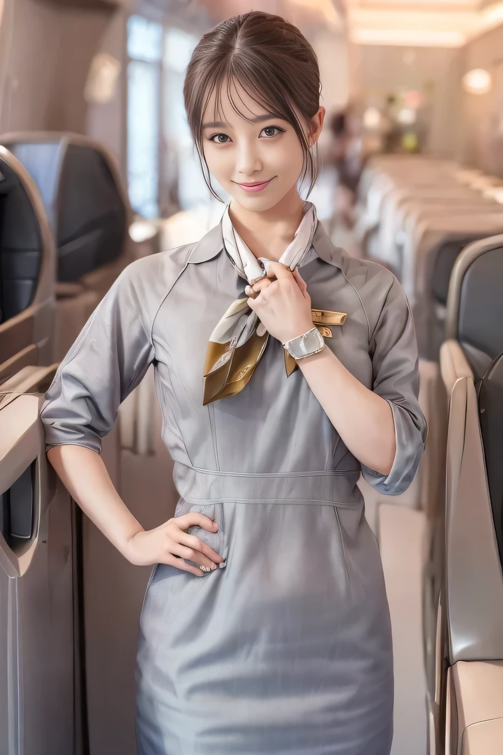 (masterpiece:1.2、Best Quality:1.2)、32kHDR、High resolution、(alone、1 girl、Slim figure)、（Starlux Airlines Cabincrew Uniform）、 (At the airport counter, Professional Lighting)、A proper woman, Beautiful Face,、（Starlux Airlines Cabincrew Uniform Short Sleeve）、（Starlux Airlines Cabincrew Uniform）、（Scarf on chest）、Big Breasts、（Long Hair、Hair Bun）、Dark Brown Hair、Long Shot、Place your hands underneath your head.、（（Great hands：2.0））、（（Harmonious body proportions：1.5））、（（Normal limbs：2.0））、（（Normal finger：2.0））、（（Delicate eyes：2.0））、（（Normal eyes：2.0））)、Beautiful standing posture、smile
