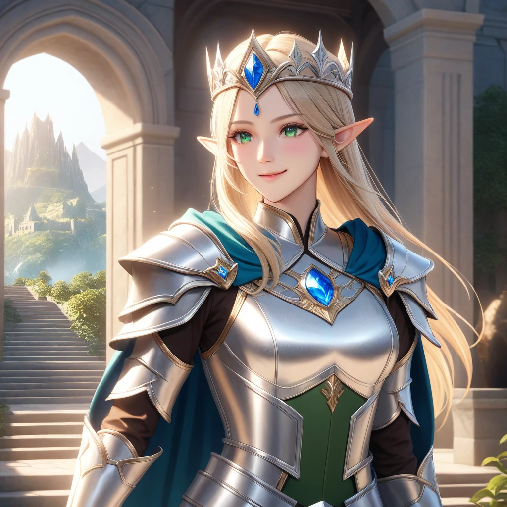 Character Settings: 「Noble Elven Prince、Dallion。Calm and intelligent personality、Has magical powers。」 Visual Design: 「Wearing silver armor、Wearing a crown decorated with blue jewels。」 Appearance details: 「Shoulder-length blonde、Deep green eyes、Well-proportioned face。Skin is pale golden。」 Body shape and posture: 「Tall and slim build、Standing gracefully。」 Facial expressions and emotions: 「With a confident smile、Calm look。」 Ambiance and aura: 「Mysterious and elegant atmosphere、Shining aura。」Starlit ancient citadel background(best quality,4K,8k,highres,masterpiece:1.2),ultra-detailed,(realistic,photorealistic,photo-realistic:1.37),extremely detailed illustration, beautiful detailed eyes, extremely detailed face, very detailed lighting, painting, very beautiful 8K CG wallpaper, anime, 1 boy, Alone, beautiful