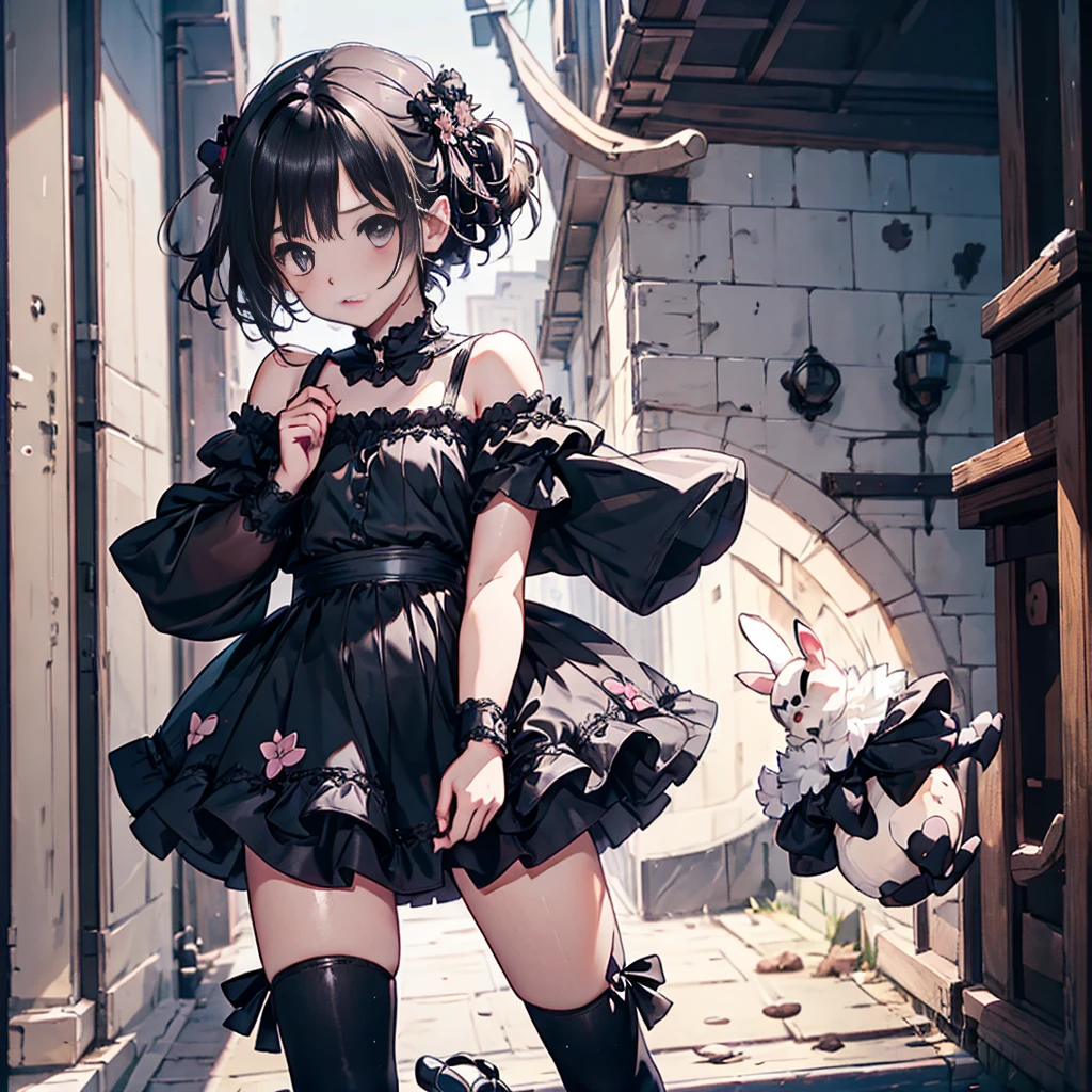 Chibi、紫background、Black clothes、Long sleeves with flared cuffs、Shoulders are exposed、One-piece flared skirt、Holding a stuffed rabbit in one hand、black and white socks、Gothic Shoes、background:Black Rose,