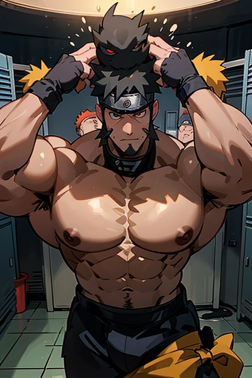 Naruto Uzumaki and Kakashi stand in a locker room being brainwashed by Sasuke's Sharingan to be big dumb muscle thralls with slumped shoulders and slack jaws saying, "Bigger ... dumber.... Must ... obey ... Uchihah Clan.... Yes, Master Sasuke, ... I am too stupid to lead. I am your dumb muscle thrall. I obey.... Stare. Sink. Dumb. Obey. Flex. Serve. Grow. Obey. I obey.... We obey.... Obey Master Uchihah.... All will serve. All will obey...." Hyper muscles. Big biceps. Big triceps. Big traps. Broad shoulders. Big meaty pecs. Big deltoids. Hyper swollen crotch bulge. Bro. Meathead. Musclehead. Dumber and dumber. IQ drain. Brainwash. Brainwashed. Brainwashing. Hypnosis. Hypnotized. Trance. Entranced. Brute. Brutification. Hairy chest. Hairy armpits. Treasure trail. Stubble. Muscle. Obedient thrall. stupid. vapid. Stupid stare. vapid stare. 