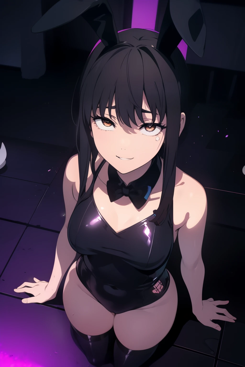 ((((Obra maestra, La mejor calidad, ultrahigh resolution)))), 1girl, standing, leotard, bunny girl, ((bunny ears in view:0.7)), floppy bunny ears, (((black hair, dark black hair over eye:1))), long hair cut, pale skin, ((brown eyes)), glowing_eyes, neon eyes, (ultra detailed eyes:0.7, beautiful and detailed face, detailed eyes:0.9), ((centered)), smile, ((wide shot)), facing viewer, (((indoor club background, purple and black lights))), medium breasts, looking at viewer, ((half closed eyes)), ((perfect hands)), (((head:1, arms, hips in view, elbows, thighs, in view))), ((hand pulling off clothing)), empty eyes, beautiful lighting, outside, outdoors, background, defined subject, 25 years old, (head tilt), (((cool))),