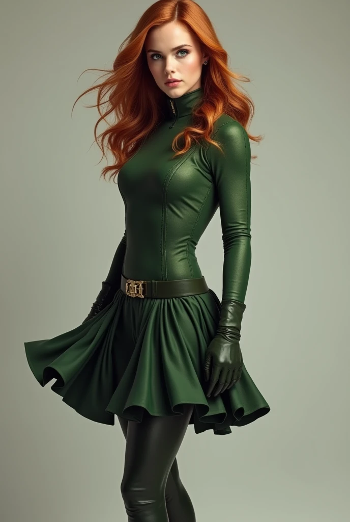  redhead woman wears a green dress and a yellow mask and stockings,  powerfull superhero, sexy poses  . High dynamic range, vivid, rich details, clear shadows and highlights, highly detailed