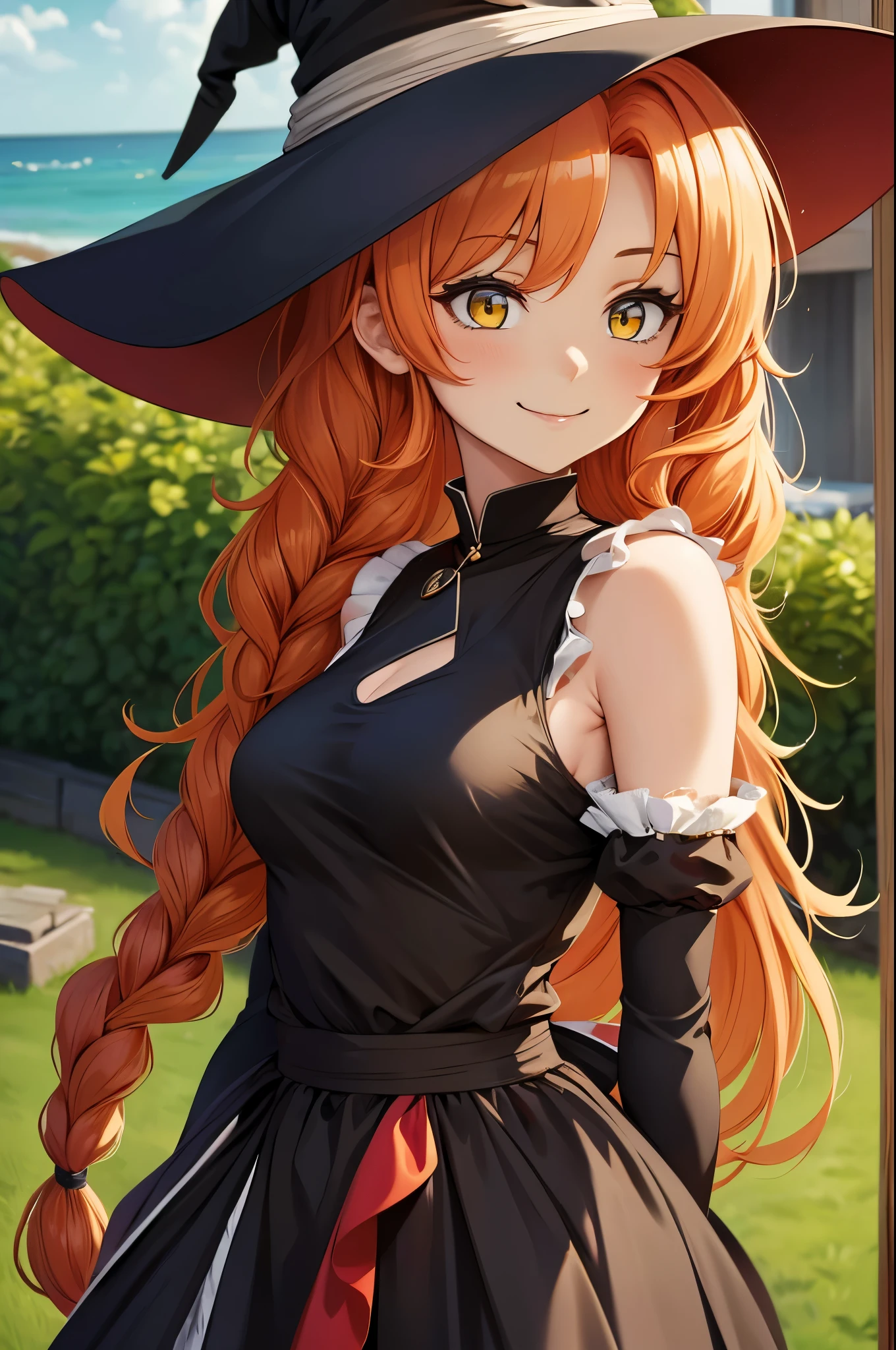 (work of art, official art), 1 , Standing alone, thick, curved, curved, red hair, yellow eyes, messy hair, wavy hair, side braid, witch, witch hat, (Marisa Kirisame:1.2), (maid dress), (close up), portrait, (small breasts), Standing, Front view, hinterland, solar lighting, looking at the viewer, (trunk), smile, seductive, attractive attire, open shoulders