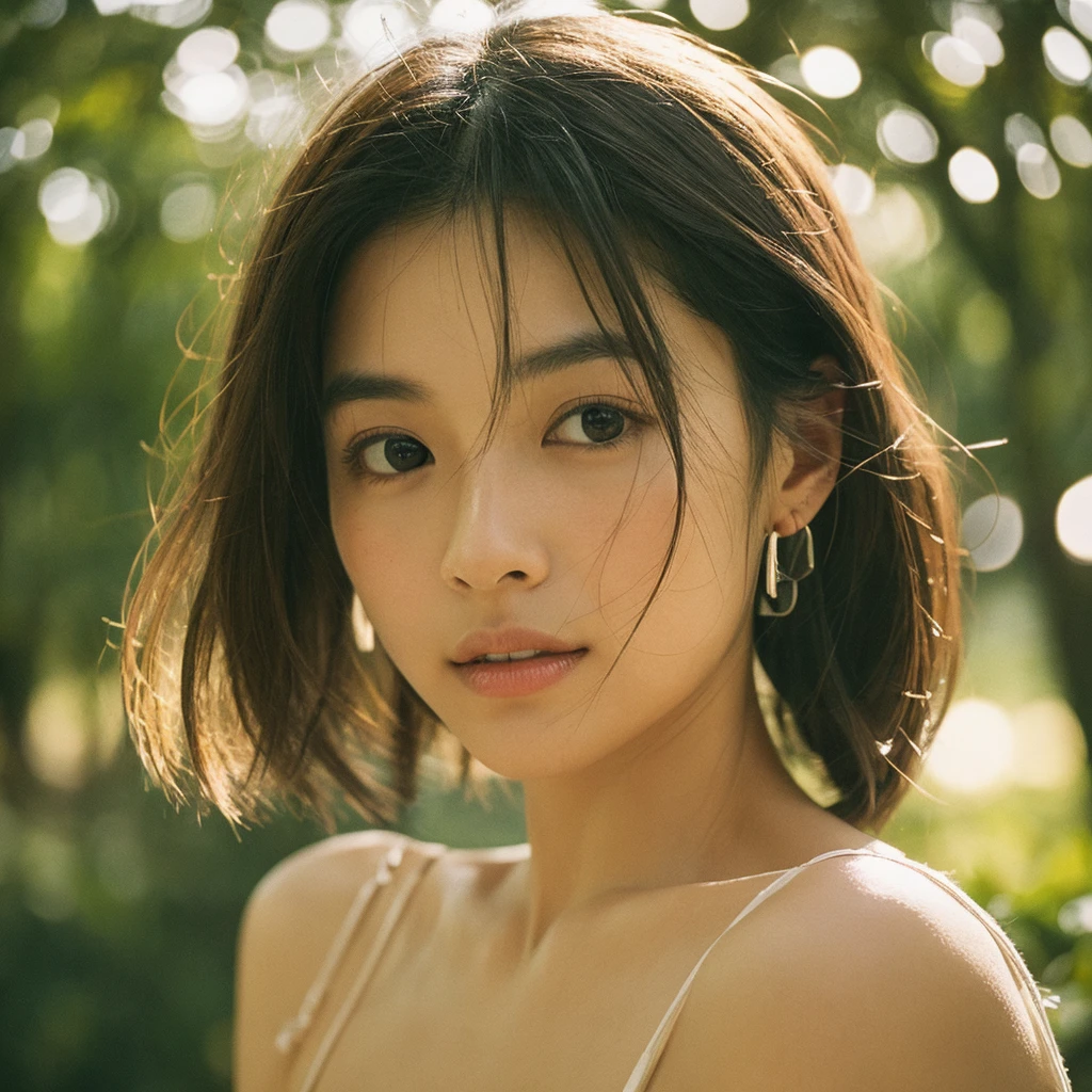 A hyper-realistic image of a single Japanese woman in her early 20s, captured with the nostalgic warmth and subtle graininess of a film camera. Her skin has a warm beige tone with a natural, slightly rough texture that includes visible pores, fine lines, and subtle imperfections such as small blemishes, adding to the authenticity of her appearance. The soft, diffused natural light enhances the film-like quality, casting gentle shadows that create a timeless, organic feel. Her straight, glossy black hair frames her face in a natural, slightly tousled manner, and her deep brown eyes reflect the ambient light, adding depth and emotion. The film camera effect introduces a slight grain and a softer focus, giving the image a warm, nostalgic atmosphere while maintaining the realistic texture of her skin. She is dressed simply, in a way that complements her natural beauty, with the overall composition designed to evoke a sense of genuine, understated elegance. The use of natural light, combined with the deliberately rougher texture of her skin and the film-like qualities, ensures that this image captures the imperfections that make her beauty truly lifelike, focusing solely on this one individual.