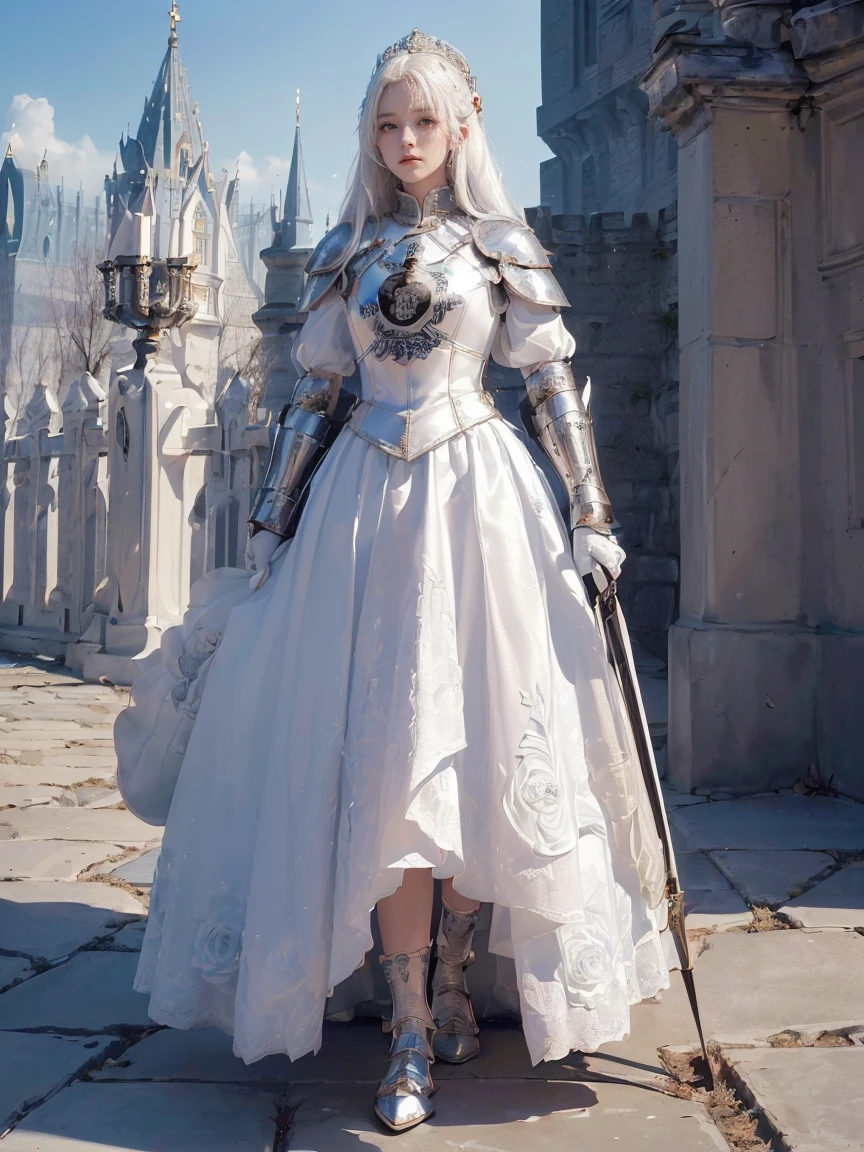 Tall woman, white hair, castle, white skin, dark fantasy, knight, 250cm tall, big breasts, epic, 4k, high resolution, ambient occlusion, holding a sword, dynamic pose, concept art, inspiring, dark armor, dark clothing, dark environment