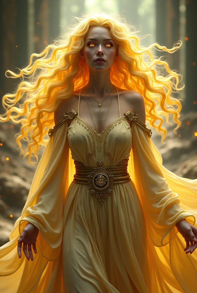 A woman with long white hair, with brunette beauty and Greek outfit with yellow eyes in a yellow setting with rays behind and coming out of her hands with the name on the side STORM