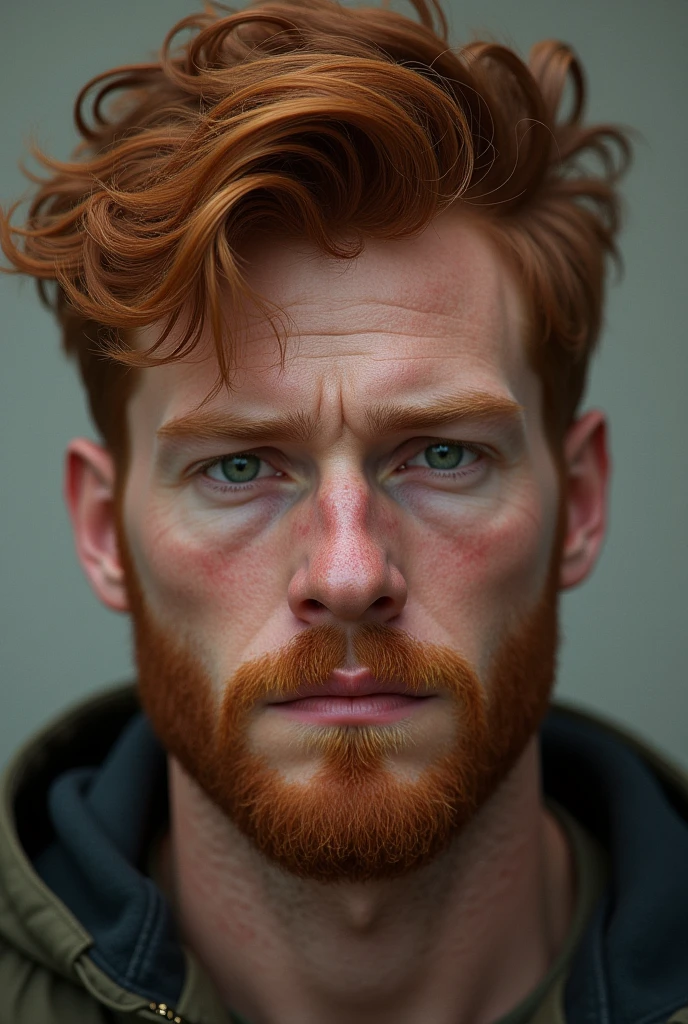 Green eyed man with curly red hair, firm jaw covered by a well-groomed beard and surprisingly full lips. Face with strong, well-defined lines, but she also has freckles scattered across her nose and cheeks that bring a softness. He has a deep look.

