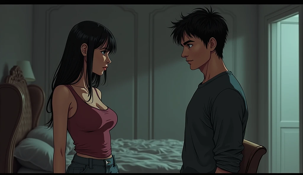 A naked man kneels on the bed,Stick out her tongue,with hands behind her back,leaning-forward