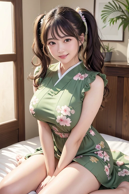 (Best Quality,masterpiece:1.3,Ultra-high resolution),(Very detailed、Caustics) (Realistic:1.4, RAW shooting、)Ultra-Realistic Capture、Very detailed、Natural skin texture、masterpiece、(A Japanese woman wearing a green floral dress:1.3), Adorable expression、Expressions of Happiness、、height: 160cm、Young Face、Amazingly cute、Twin tails、Curly hair、Scrunchie、Black Hair、Natural Makeup、H-Cup Bust、Shining thighs、Exposing arms、Background details、smile、An inviting gaze、Anatomically correct、Cowboy Shot、Attention to detail、Sitting on a bed in a private room at a sex shop、(Cute and elegant pose:1.3)、Showing panties、Close up of the vagina