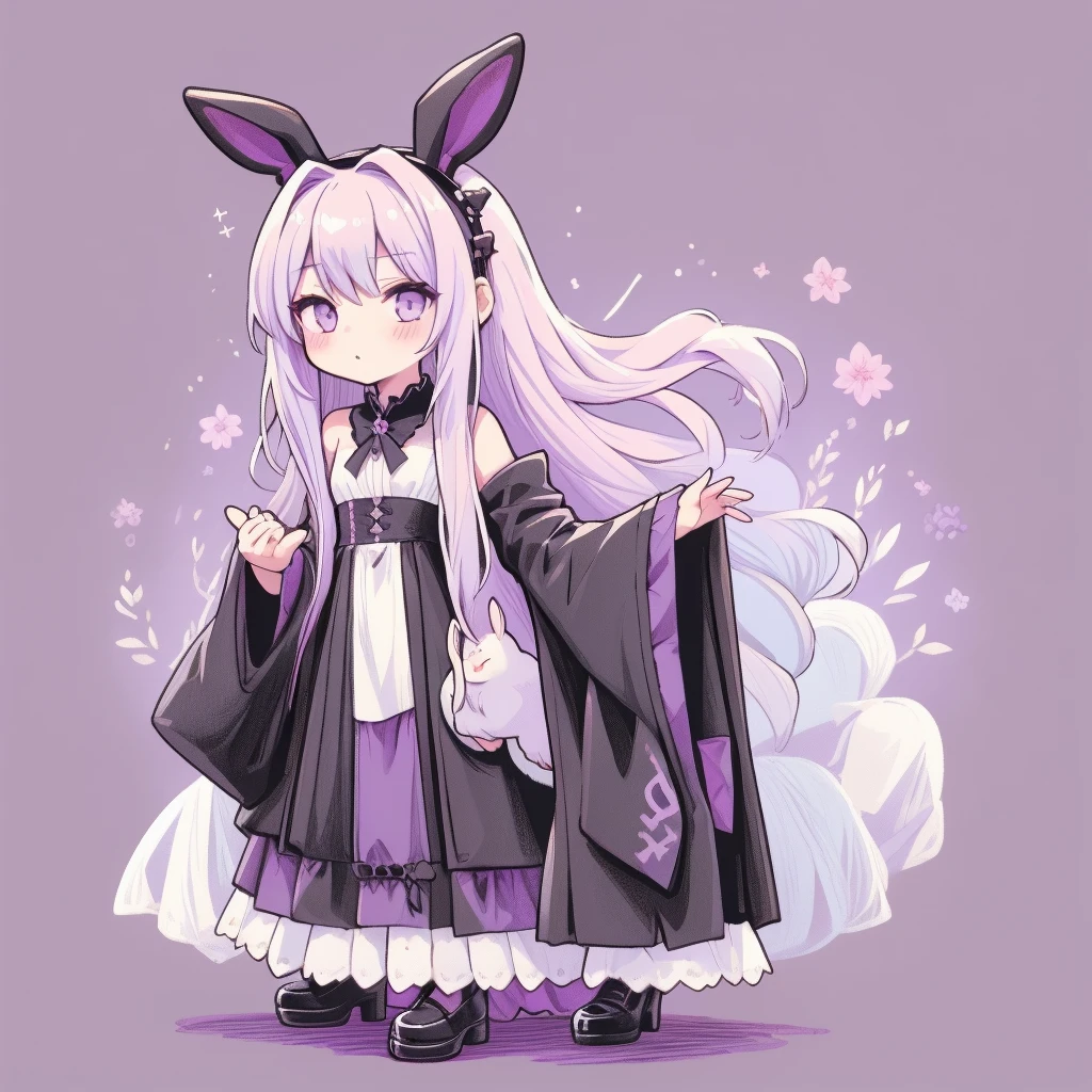 Chibi、Purple background、Black clothes、Long sleeves with flared cuffs、Shoulders are exposed、One-piece flared skirt、Holding a stuffed rabbit in one hand、black and white socks、Gothic Shoes、