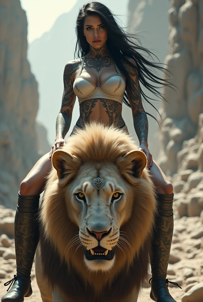 mujer woman muscle muscular nude desnuda naked sitting backwards riding a lion