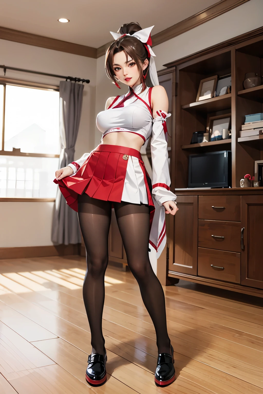 Lift the miniskirt,Mai Shiranui，pantyhose，Big breasts，sexy，temperament，high ponytail，whole body，small leather shoes，Room