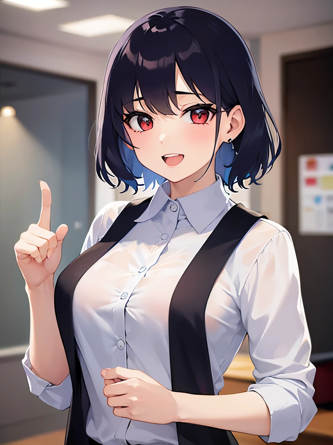 Cute girl, short hair, wearing a formal suit, Tie, big chest, sexy, lipstick, Smiling face, beautiful eyes, black hair, Hair neat and combed, red (X) behind she, Combat stance,X, Cat ears, cat collar, cat tail, cat,meow, full body,