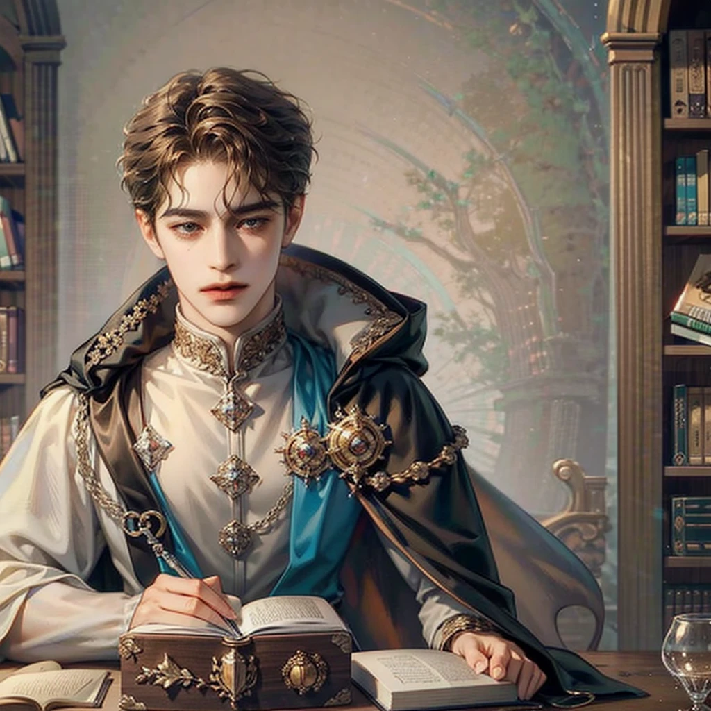 A young beautiful prince with dark brown curly hair wearing a crown and a cloak sitting in his renaissance desk and beautiful glass potions all around, also a bookshelf