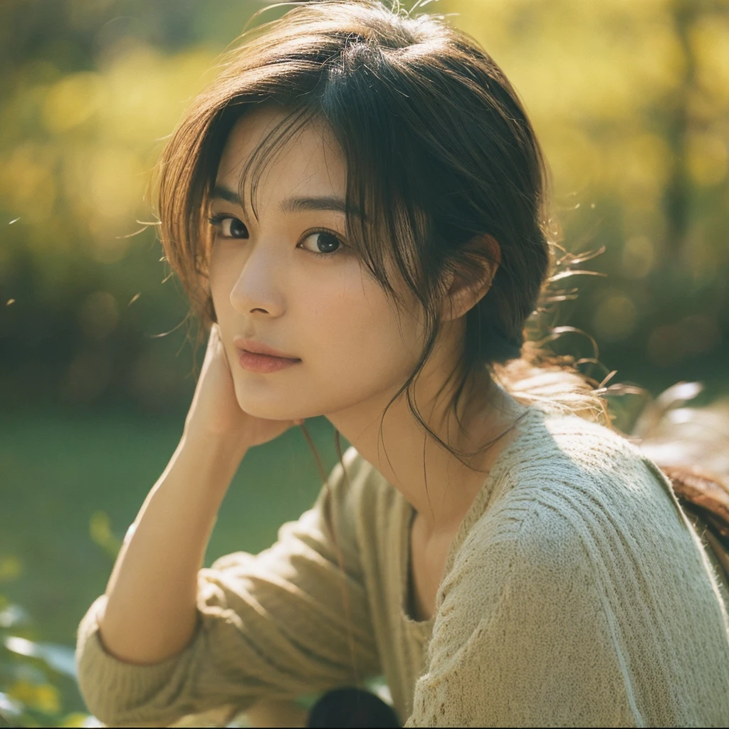 A hyper-realistic image of a single Japanese woman in her early 20s, captured with the nostalgic warmth and subtle graininess of a film camera. Her skin has a warm beige tone with a natural, slightly rough texture that includes visible pores, fine lines, and subtle imperfections such as small blemishes, adding to the authenticity of her appearance. The soft, diffused natural light enhances the film-like quality, casting gentle shadows that create a timeless, organic feel. Her straight, glossy black hair frames her face in a natural, slightly tousled manner, and her deep brown eyes reflect the ambient light, adding depth and emotion. The film camera effect introduces a slight grain and a softer focus, giving the image a warm, nostalgic atmosphere while maintaining the realistic texture of her skin. She is dressed simply, in a way that complements her natural beauty, with the overall composition designed to evoke a sense of genuine, understated elegance. The use of natural light, combined with the deliberately rougher texture of her skin and the film-like qualities, ensures that this image captures the imperfections that make her beauty truly lifelike, focusing solely on this one individual.