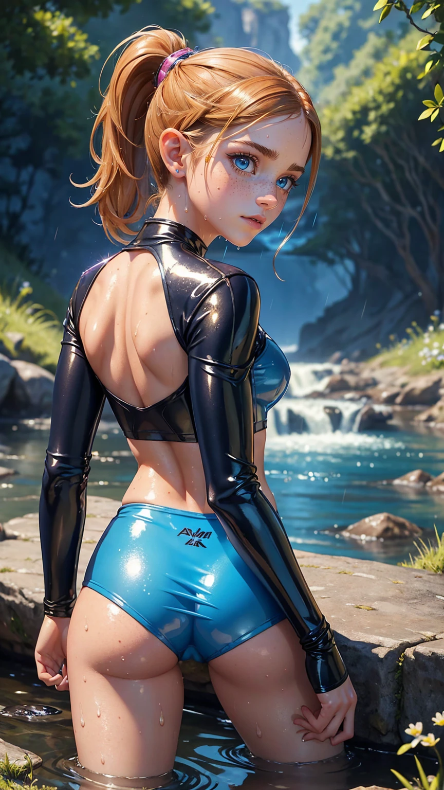 masterpiece.  4k. highly detailed epic fantasy oil painting of beautiful teenEmma Watson. sparkly blue eyes, freckles. detailed stylish suit,
  shiny tight translucent pink latex shorts, crop top. athletic. Hyrule motif. lying on creek. sweating. rain. river. wet. from the back, looking back. wildflowers.
