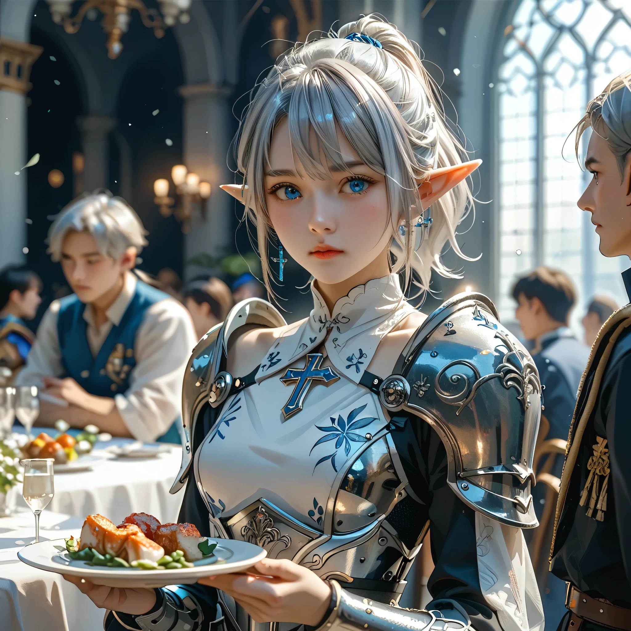 One woman, blue eyes, Elf、Silver Hair、Short Ponytail, White skin、姫knight、Black Leather Shorts、Cross your arms、Gorgeous Armor、knight、Gorgeous Paladin、Black full plate armor、Dynamic Drawing、Glittering dress、