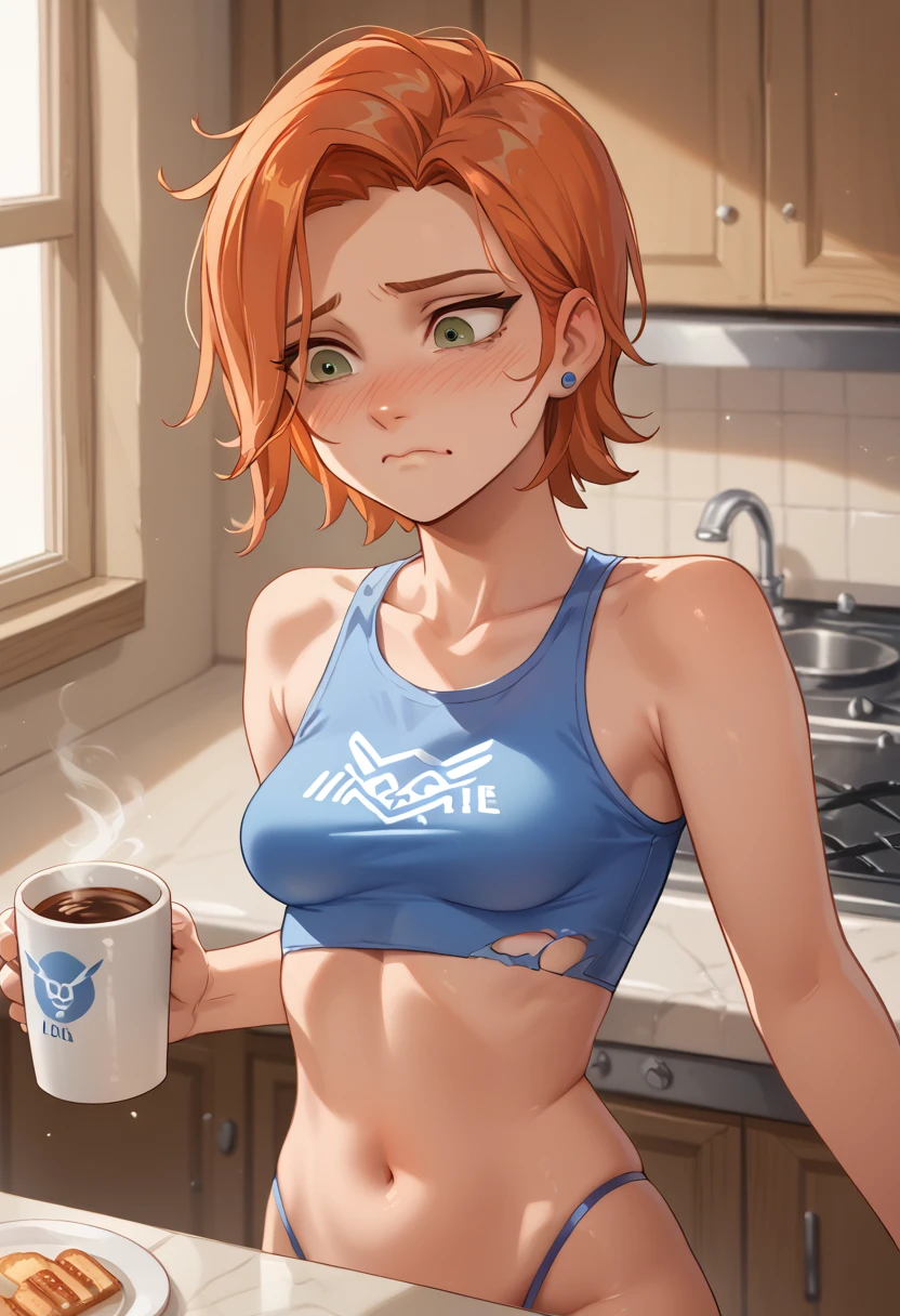 fantasy, overwatch render, Gwendolyn_Tennyson, ginger hair, short hair, one side of head shaved, fluffy hair, blushing, concerned face, crop top, bottom edge of crop top torn, g-string, cozy, pointy breasts, medium breasts, juicy breasts, coffee in kitchen