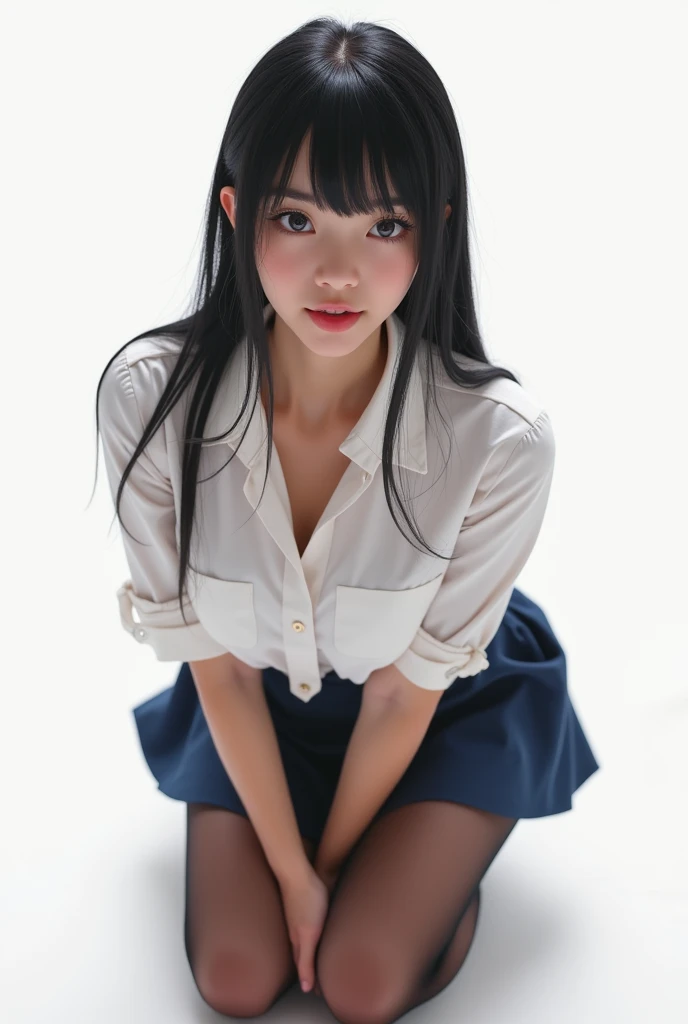 Sitting with legs crossed, Ecstatic expression, Cute junior high school girl, Looking at me, Sexy face, With legs apart, Open your legs, Wearing open-chested clothing, Big breasted, Wet, Soaking wet, uniform