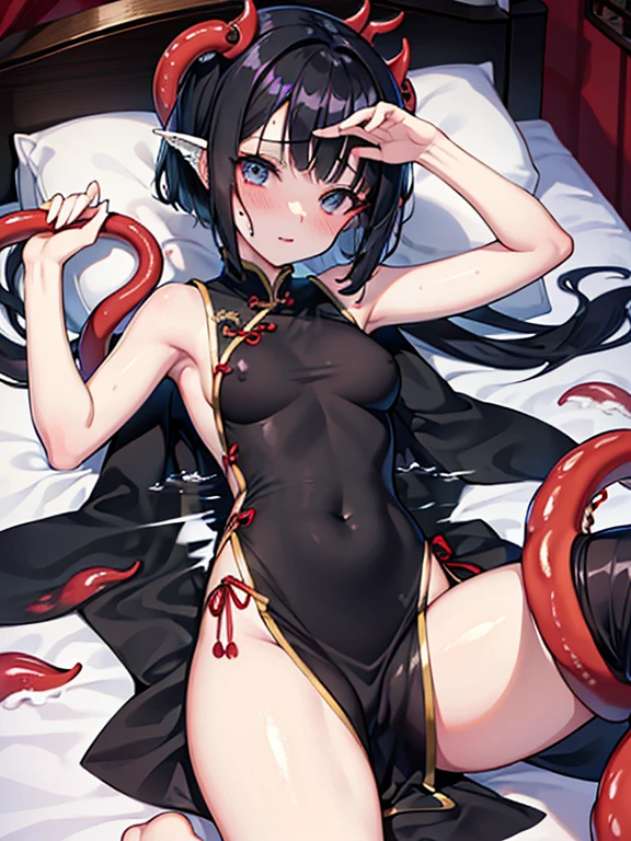 ``A naughty girl with short black hair and a naughty body with watery eyes'', ``Wearing [濡れたChinese dress] On her bed in her bedroom, ``sudden, A moist tentacle with many tiny suckers appeared..「It attacked me.","The tentacles wrapped themselves around the girl's breasts and stomach.","And the tentacles were violently attacking the girl's pussy ❤️❤️.","The girl had teary eyes and blushing cheeks. "Ahhhh ❤️❤️" and "Tentacles in the girl&#39;s vagina",  that make you want to massage them, Best image quality, (Best Quality:1.2, Attention to detail, masterpiece:1.2, Best aesthetics), (1 petite girl), Cowboy Shot, ((Playboy Bunny, Fishnet tights:1.2, Bunny Ears, ハイレグ leotard, 白leotard:1.1, leotard, Chinese dress:0.8)), (Big eyes, Cute expression, Two buns), 美しいAttention to detail目, Big Breasts, Beautiful lip detail, Highly detailed face, Detailed Fashion, elegant, luxury, High quality fabric, Shine, Shine, smile, Hold the tray, Carrying a cocktail, Dutch Angle, bar club, night, Dramatic lighting, Cinematic, Bright colors, Intricate details, Chiaroscuro lighting, nsfw:1.3 、Sweat profusely、String panties、Use a toy router、White liquid splashes on face、Open your mouth、White liquid dripping onto chest、Imagine your vagina being filled、Obsessed with playing with her genitals、Whole body image、Imagine spreading your legs、Focus on the crotch、Touch your belly with your fingers