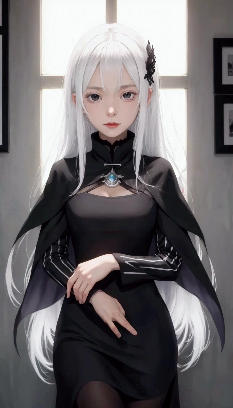 masterpiece, best quality, high resolution, best illustration, super fine illustration, (official art:0.7), (anime screencap:0.8), anime keyvisual, perfect anatomy, 8k portrait, (detail focus fingers:1.2), 
1girl, 
Echidna \(re:zero\),
long hair, 
white hair, 
(black eyes:1.2), 
medium breasts, 
black dress, black cape, long dress, 
looking at viewer, 
cowboy shot, 
natural light, background of indoor, 