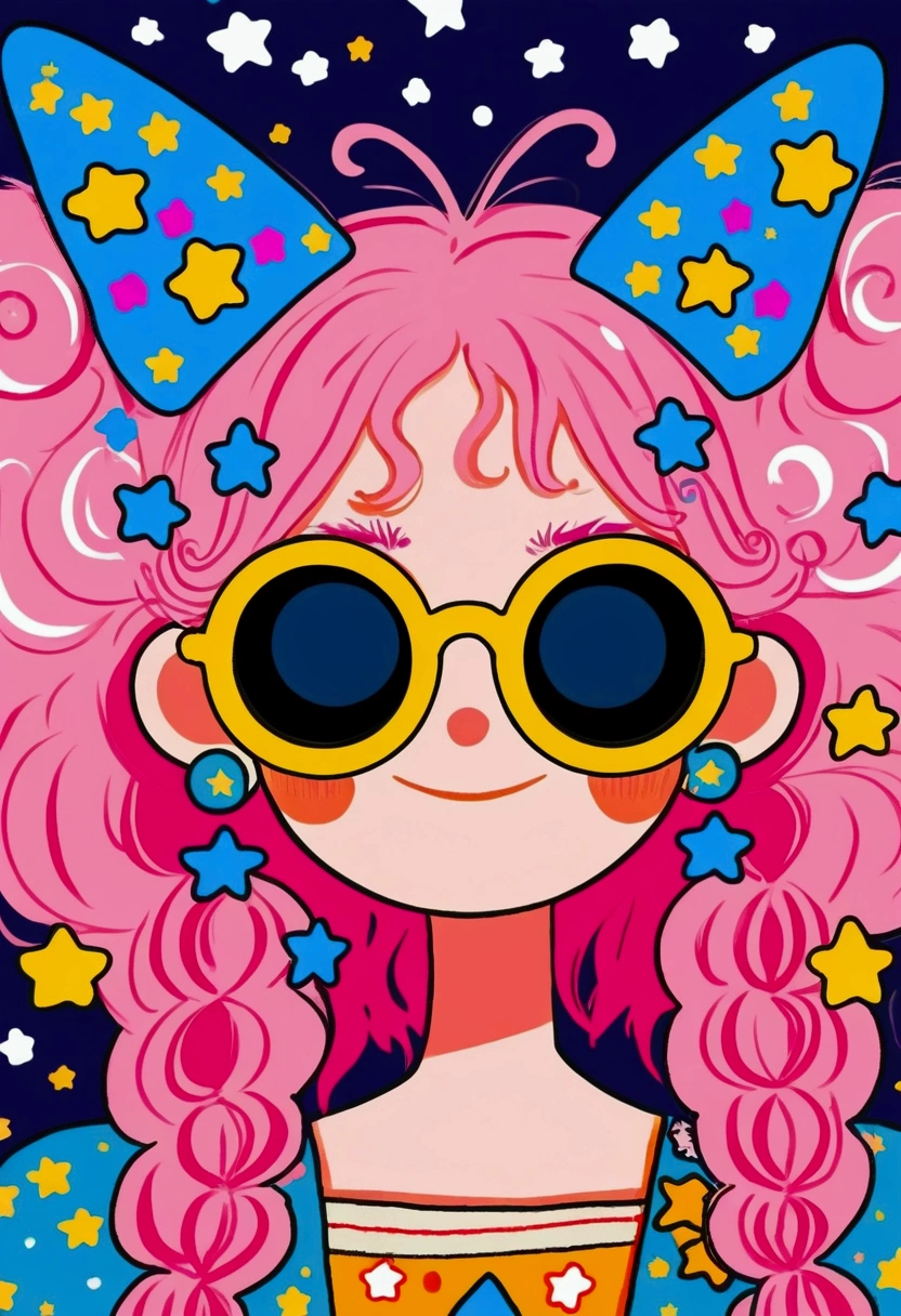 painting of a girl with pink hair and sunglasses with stars, girl design lush horns, cute horns, with horns, decora inspired illustrations, hylics artwork, decora inspired, horns!, candypunk character design, colorful! character design, star butterfly, madeline from celeste, anime vibes, inspired by Puru, cute art style, horns on its head