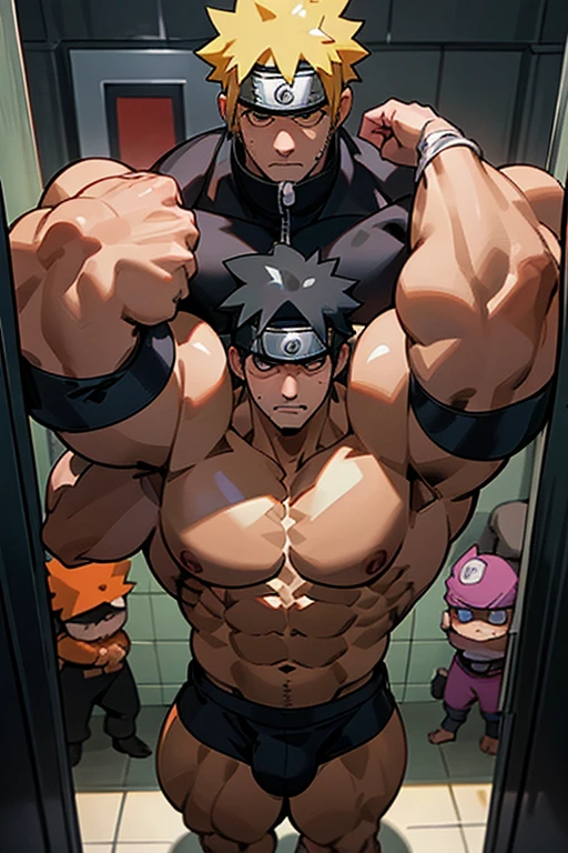 Naruto Uzumaki and Kakashi stand in a locker room being brainwashed by Sasuke's Sharingan to be big dumb muscle thralls with slumped shoulders and slack jaws saying, "Bigger ... dumber.... Must ... obey ... Uchihah Clan.... Yes, Master Sasuke, ... I am too stupid to lead. I am your dumb muscle thrall. I obey.... Stare. Sink. Dumb. Obey. Flex. Serve. Grow. Obey. I obey.... We obey.... Obey Master Uchihah.... All will serve. All will obey...." Hyper muscles. Big biceps. Big triceps. Big traps. Broad shoulders. Big meaty pecs. Big deltoids. Hyper swollen crotch bulge. Bro. Meathead. Musclehead. Dumber and dumber. IQ drain. Brainwash. Brainwashed. Brainwashing. Hypnosis. Hypnotized. Trance. Entranced. Brute. Brutification. Hairy chest. Hairy armpits. Treasure trail. Stubble. Muscle. Obedient thrall. stupid. vapid. Stupid stare. vapid stare. 