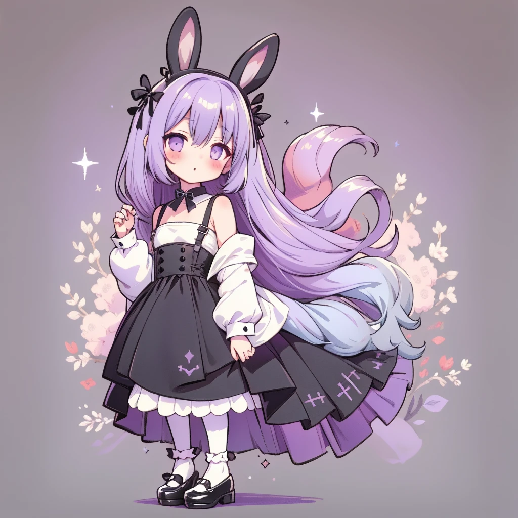 Chibi、Purple background、Black clothes、Long sleeves with flared cuffs、Shoulders are exposed、One-piece flared skirt、Holding a stuffed rabbit in one hand、black and white socks、Gothic Shoes、