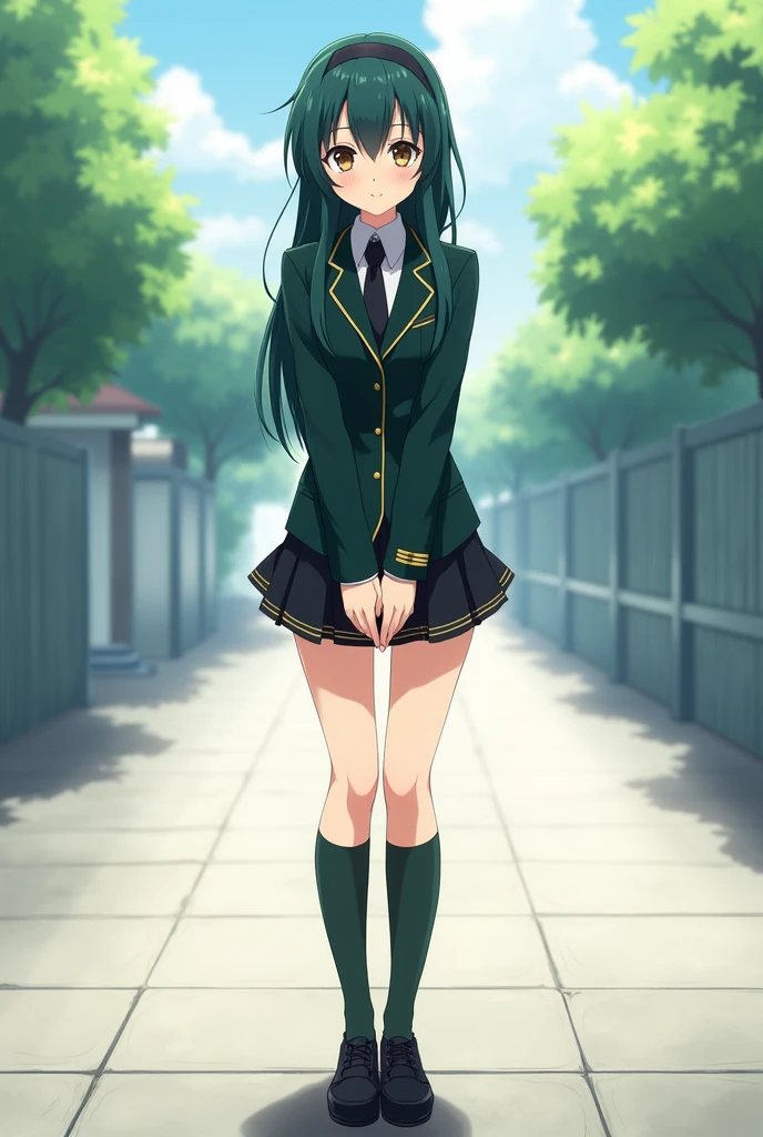 ruka,girl,alone, green hair, skirt((A very painful look,very shy look,skirtの裾を自分でたくし上げる,Please clearly show your wet muscular pussy to the camera)), yellow eyes, shoes下, alone, twin tails, short hair, flushed face,,Heavy panting face,big climax face，The face of a violent orgasm，abnormal red face,both eyes closed,Half-open lips,大きく胸元の開いたblazerの制服,bra,Two-high, Jacket, shoes, alone focus, two side up, wood, blazer, loafers, outdoor, null, cloud,