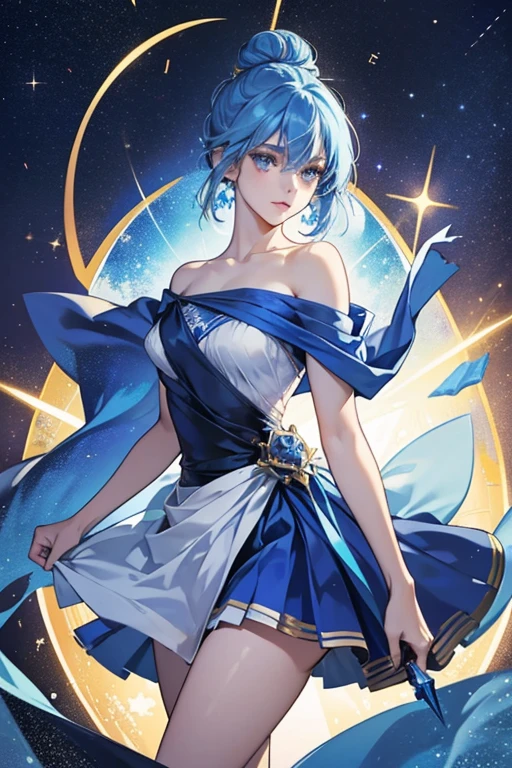 she has short blue hair and bangs, brown eyes, and light skin. she wears a blue and silver jumpsuit, blue dress, bracelet, and silver boots. SPARKLE; GLITTER