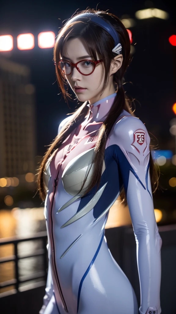 Mari Illustrious , Neon Genesis EVANGELION , Small red rectangular glasses , Brown Hair , Tie your hair on both sides , Mari Makinami, blue eyes, Brown Hair, Glasses, Headband Blue, Twin tails,Bodysuits, ピンクのBodysuits,Plug Suit,Urban cityscape background , bust shot , beautiful face