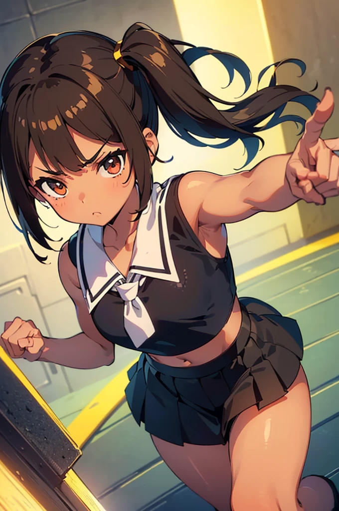 Young girl with black hair, long twintail, twintail hairstyle, (blue eyes),, ((small bushy eyebrows)), wearing gothic lolita clothing, lolicon , walking to school, flirty smile, , (lifting her skirt to show her vagina wet with semen),