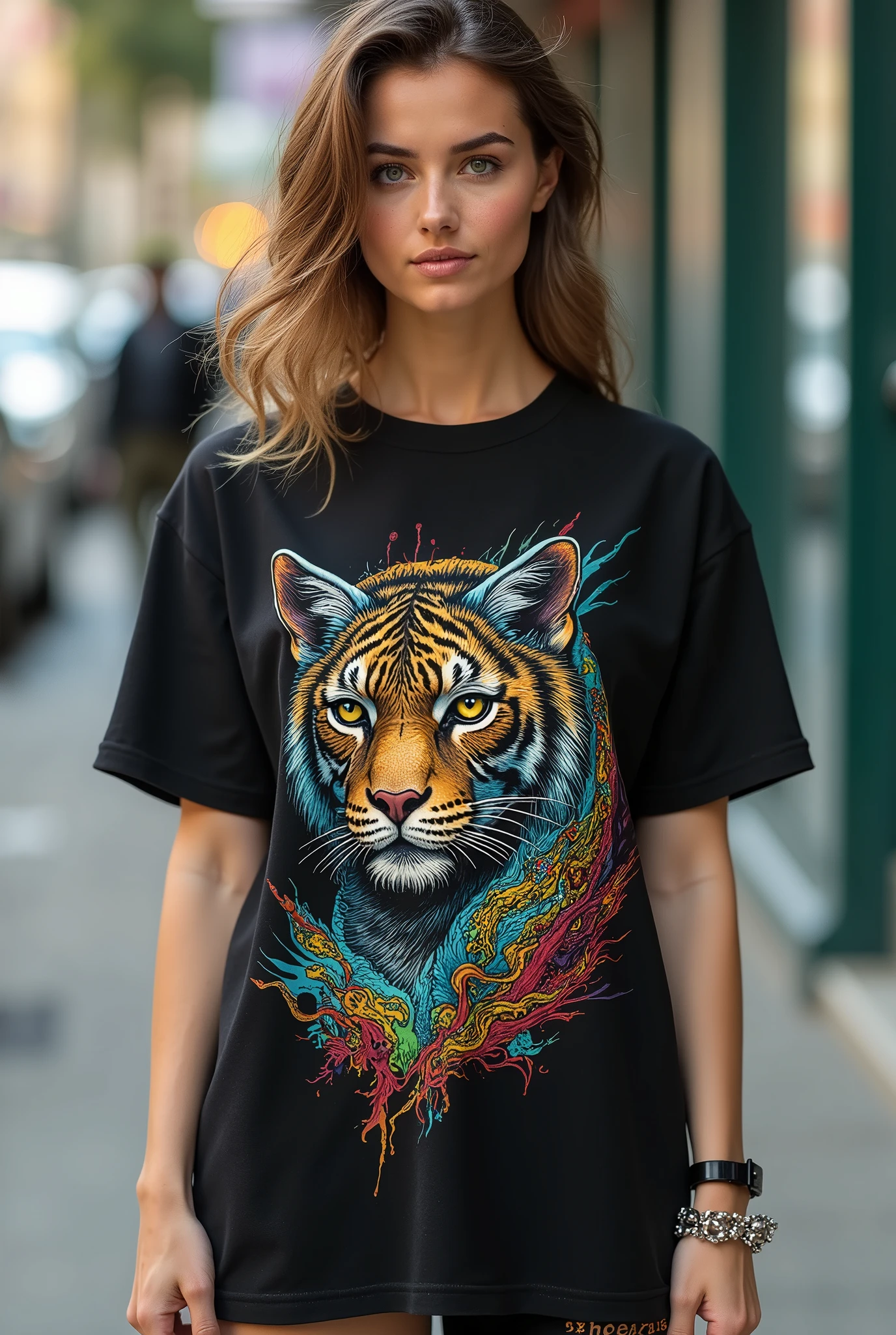 A color poster of a mixture of graffiti and paint on a wall,portrait of a woman,upperbody,wearing white t-shirt,minimalist,with dynamic movement and bold colors,mixture,
