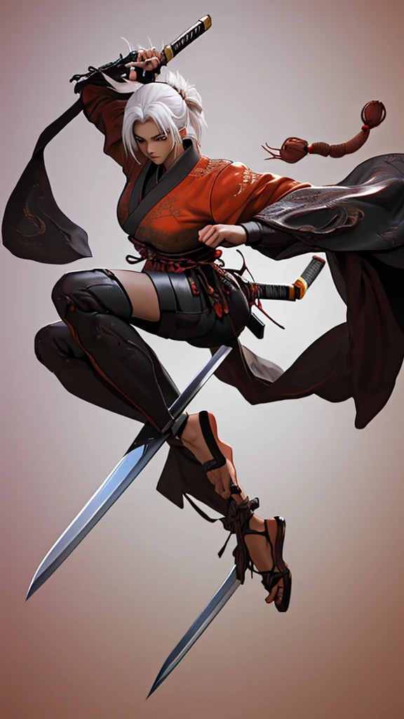 a woman with a sword ,very beautiful kung Fu samurai,katana sword,her katana,she is sword,ornate korean polearm , realistic anime 3D style, cgsociety 80's  cgi anime fantasy artwork, 3d anime beautiful.redAssassin., .(Anime 80's ).hair white. 80's style kung Fu 
Sandals and armor anime retro style 
Goth Ronin 
