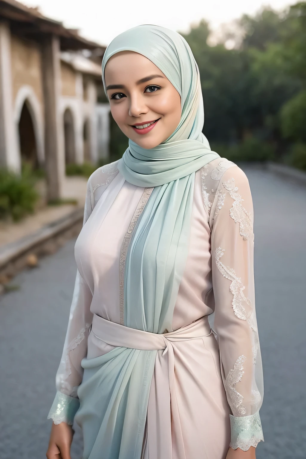 full body shot of sexy smiling hijabi (abbie_cornish:0.6), a woman wearing a pastel color see-through saree in a rustic village, open shirt, face incredibly detailed, lips, realistic, solo, medium breasts, skin tight, puffy, facial, masterpiece, best quality, Intricate, High Detail, dramatic,