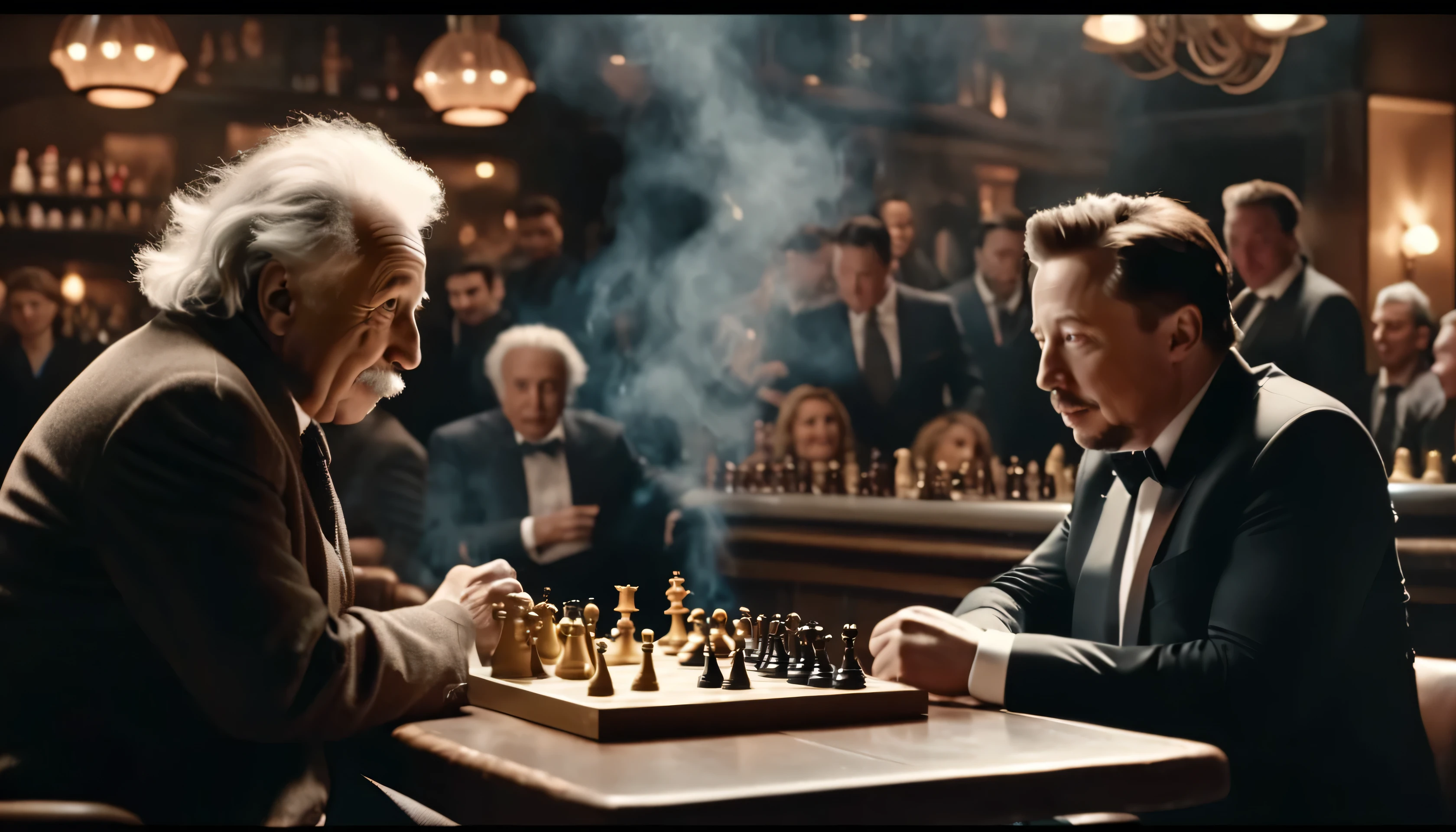 Einstein playing chess with Elon Musk in a smokey bar scene, 4k resolution, movie quality with various famous people standing around them watching.