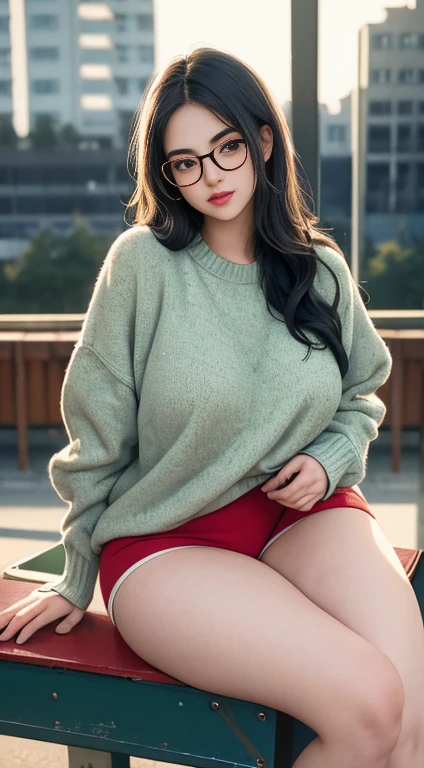 1 young woman, long wavy black hair, big round eyeglasses, thin lips, round face, wearing an oversized green sweater covering her thighs, large breasts, wide hips, thick thighs, striped ballet socks up to the thighs, red sporty sneakers, sitting in the bleachers of an athletics field, (best quality,8k,highres,masterpiece:1.2),ultra-detailed,(realistic,photorealistic:1.37),intricate details,studio lighting,extremely detailed,professional,vivid colors,bokeh