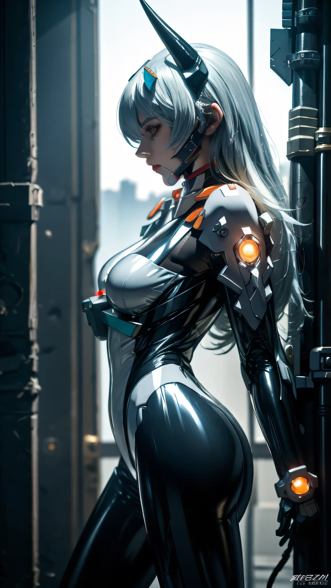 1girl, a beautiful girl cyborg cyberpunk with a cyberpunk city tall buildings, white hair, cybermask, white and orange and black machine suit color combination, the body full of machine, realistic futuristic hologram, asian skin tone, beautiful eye, beautiful asian face, cyber ear machine, suits is solid mecha, realistic machine, sci fi scape, manipulation is a masterpiece, long hair, masterpiece, suit of cyberpunk, realistic sci fi building texture mecha aestethic, digital cyberpunk, looming over a city, cyber technology, realistic hair, lots of hair, white of hair, realistic metal solid texture of building, realistic neon glow, realistic neon sign, wonderful side lighting, realistic futuristic cyberpunk building, realistic girl robot cyberpunk, fog, foogy, masterpiece of detail, RAW IMAGE, depth of field, point of interes, depth of field is masterpiece, best photography composition masterpiece, natural realistic hair, rule of third masterpiece photography, natural lighting, photography masterpiece natural lighting from side, realistic skin texture, strong reflection, ( pose pinterest) masterpiece beautiful, Devil Horns, smooth pixel, ray of light, soft light, small breasts, mastepiece of cyber mask, masterpiece fantasy gun, carry a fantasy weapon, weapon fantasy (artstation)