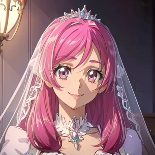 Perfect Face, 大きいsmile, 1 Girl, adult, Pretty Cure, White skin, Pink Hair, Long Hair, White Veil, Silver Tiara, Pink Eyes, White long wedding dress, Original Design, Cure Dream, rose, butterfly, beautiful, Princess, cute, smile, kind, Soft, Looking at the camera, Front facing, Front Light, noon