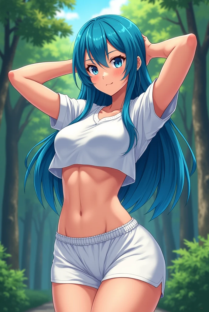 best quality, (masterpiece),(ultra-detailed), (high quality), (high resolution), (2heads:1.5) blue hair, (((having tan skin color))), (((both heads have blue hair))) (larger breasts), glasses. cleavage, full body,best quality:1.5, highres, UHD, 4K), smiling, ((blue coat over white tank top)), ((wearing shorts)), ((full body)), (mature woman), casual dress, ((violet eyes)), sexy proportions,, thighs, Beautiful girl with accentuated slender abs