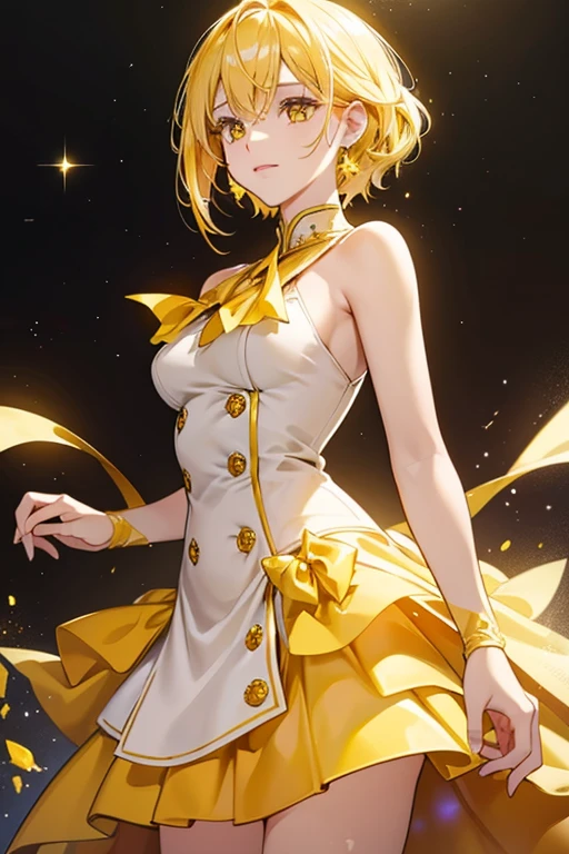 masterpiece、Soft Focus , Bright gradient watercolor、Tabletop, High resolution, 8k, Anime Women, Delicate and detailed writing 、Detailed digital illustration、high resolution, high quality、Detailed Background、Close-up photo of short hair、Perm、Shiny Hair、Bright yellow hair、bangs、Very beautiful woman、Idol、Double Eyes、Large Breasts、
(((Two arms、Four fingers, One thumb)))、Detailed female face、
(Holding a glittering golden microphone:1.5)、(Idol Costumeini skirt、Yellow ribbon、Yellow rose hair accessory、Yellow and white outfit、I can see her white panties