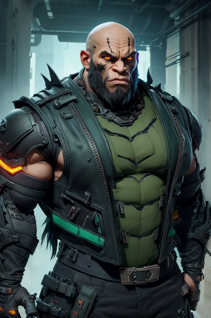 Villain, sci fi male ugly as a angry gorilla, angry roar, mouth open in an angry cry, gorilla face, big muscular and bald, cybernetic face, Xtreme, open black torn leather vest, dirt on his clothes and face, black outfit, bald,in sewers, dramatic lighting, realistic colors, highres, vivid colors, stunning green toxic sewers landscape background!, 8K image quality, Masterpiece