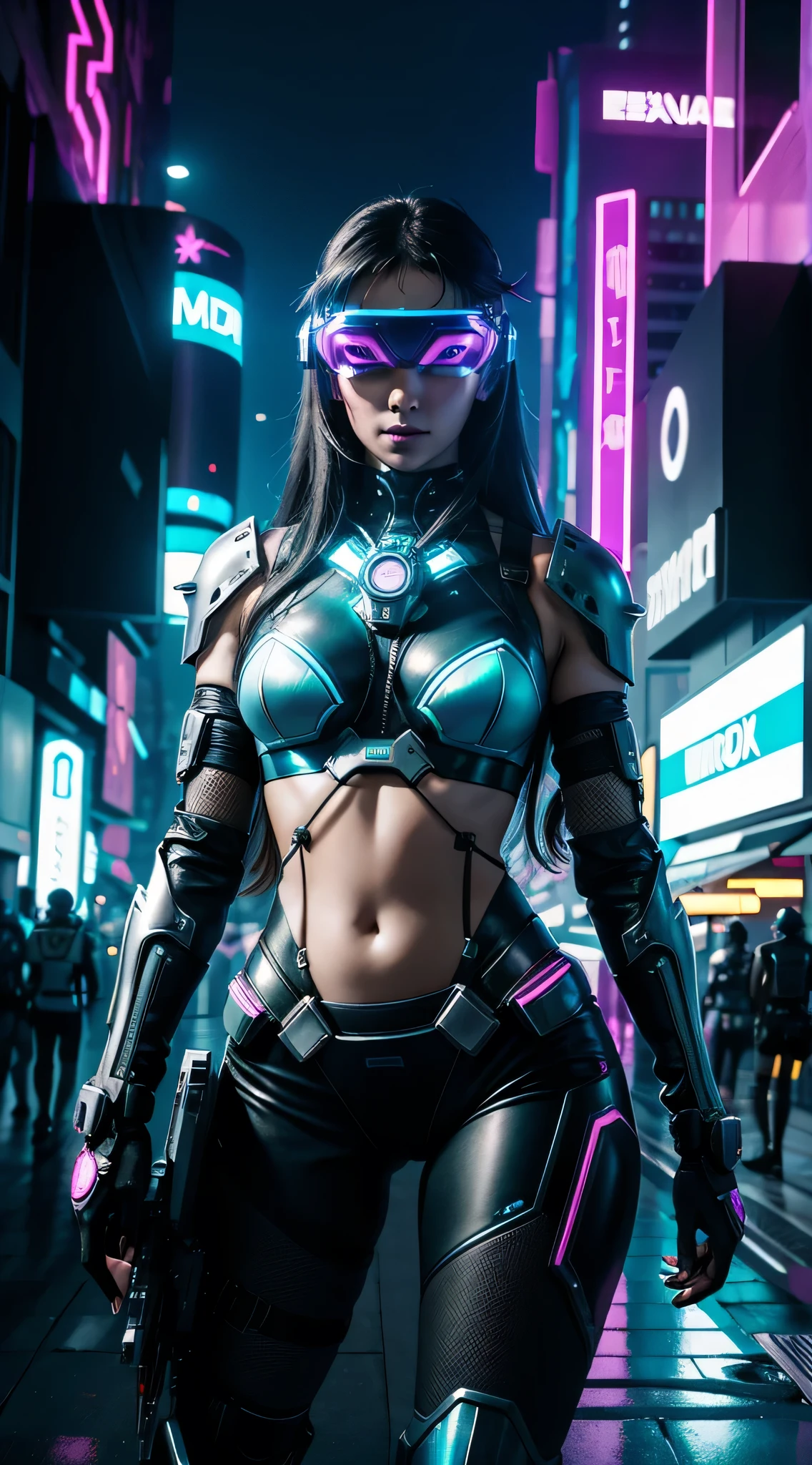 Beautiful cyberpunk girl in bikini armor, using a head-mounted display, In a futuristic city, luz verde, Hologramas, futuristic background, detalhes intrincados, Deusa Neonbeauty, sensual, atraente, SEX, Cybernoir,