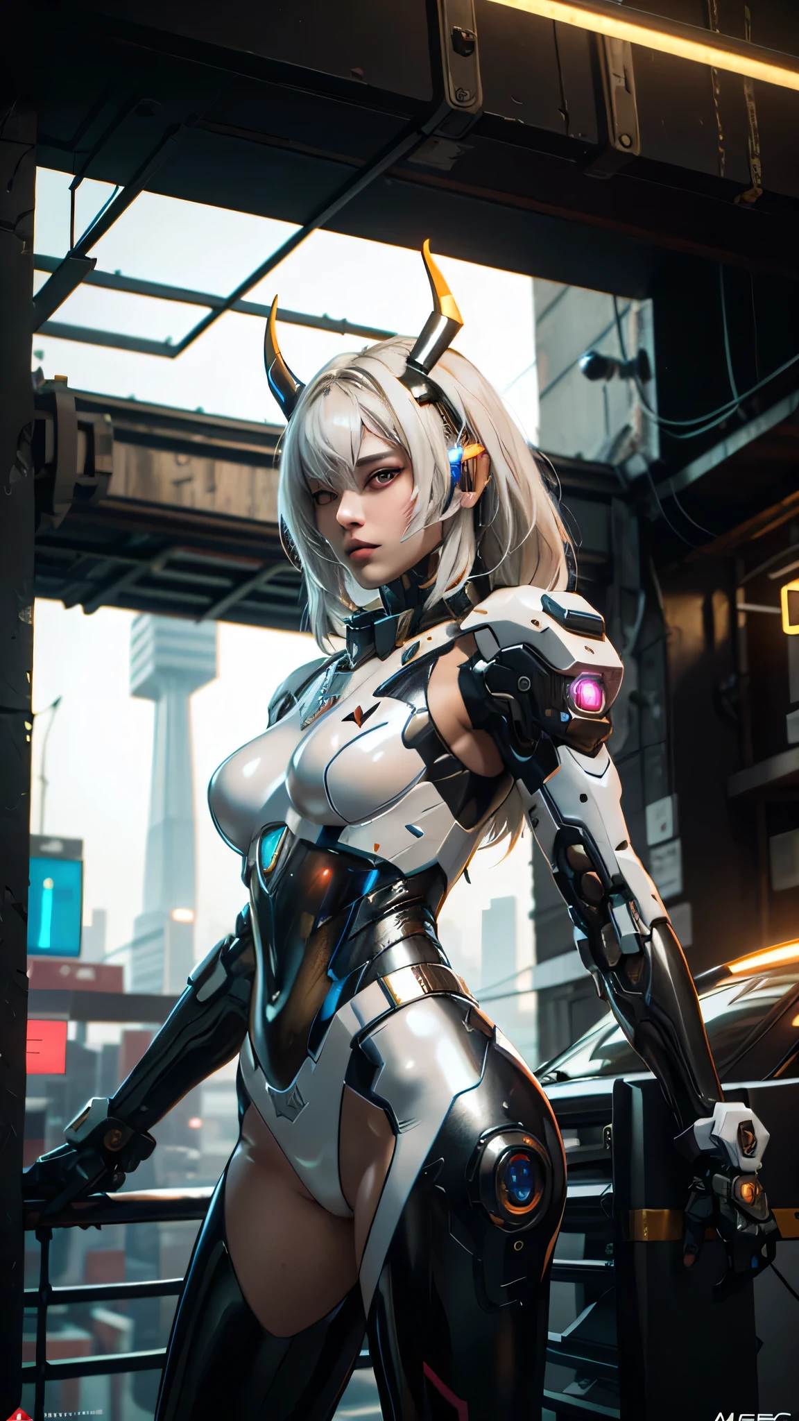 1girl, a beautiful girl cyborg cyberpunk with a cyberpunk city tall buildings, white hair, cybermask, white and orange and black machine suit color combination, the body full of machine, realistic futuristic hologram, asian skin tone, beautiful eye, beautiful asian face, cyber ear machine, suits is solid mecha, realistic machine, sci fi scape, manipulation is a masterpiece, long hair, masterpiece, suit of cyberpunk, realistic sci fi building texture mecha aestethic, digital cyberpunk, looming over a city, cyber technology, realistic hair, lots of hair, white of hair, realistic metal solid texture of building, realistic neon glow, realistic neon sign, wonderful side lighting, realistic futuristic cyberpunk building, realistic girl robot cyberpunk, fog, foogy, masterpiece of detail, RAW IMAGE, depth of field, point of interes, depth of field is masterpiece, best photography composition masterpiece, natural realistic hair, rule of third masterpiece photography, natural lighting, photography masterpiece natural lighting from side, realistic skin texture, strong reflection, ( pose pinterest) masterpiece beautiful, Devil Horns, smooth pixel, ray of light, soft light, small breasts, mastepiece of cyber mask, masterpiece fantasy gun, carry a fantasy weapon, weapon fantasy (artstation)