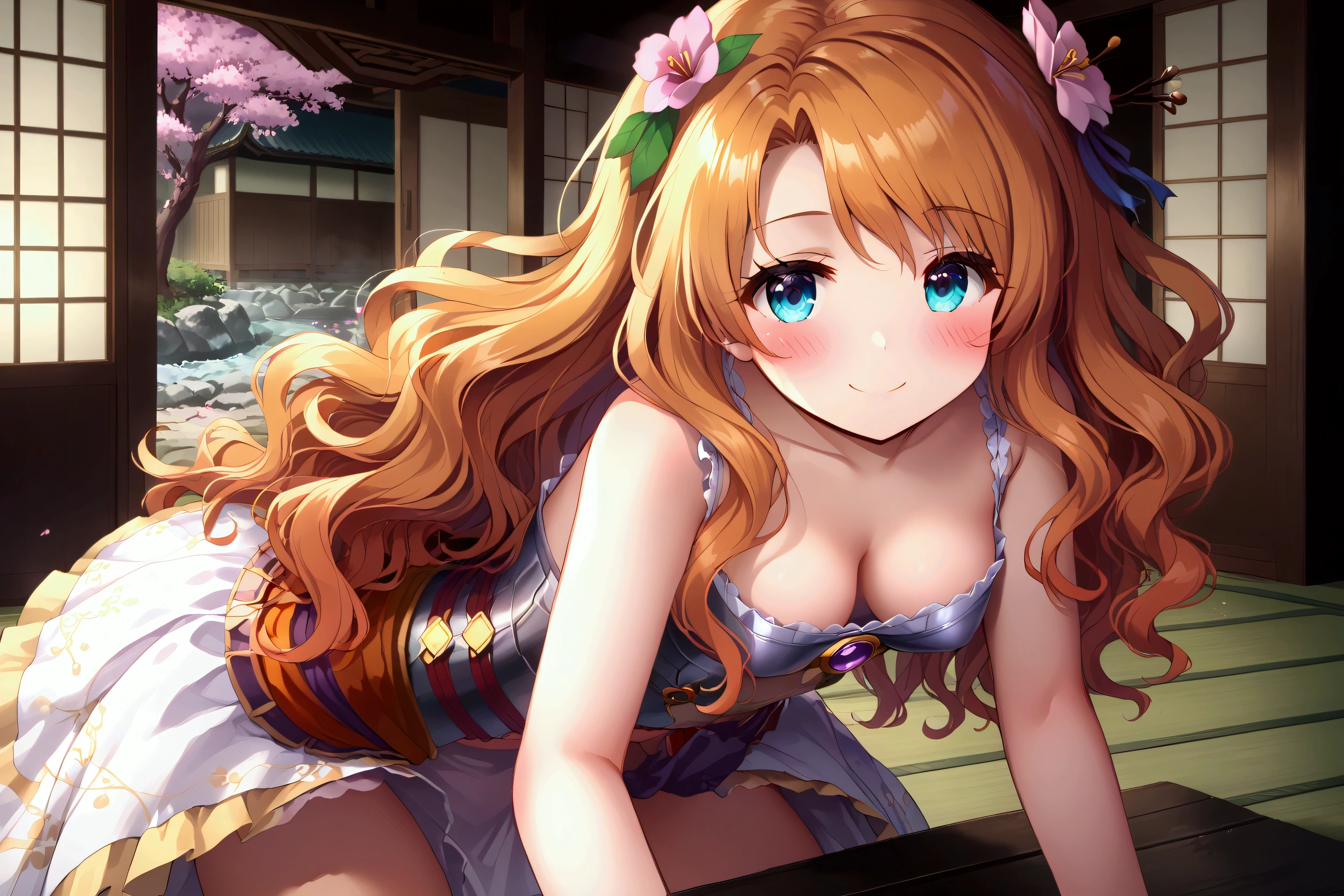 Small girl in frilly goddess dress armor, she sexually appealing, small shiny plump breasts, leaning forward, lots of cleavage, shiny orange wavy hair, fine curves, at a dojo, playing with a small cute cat, smiling and blushing, has flower in hair, small coy pond in background, Cherry blossoms, peaceful atmosphere, cleavage is excentuated.